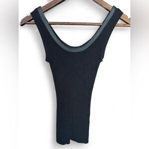 Vintage 90s CACHÉ Black Ribbed Tank Top w/ Leather Trim XS